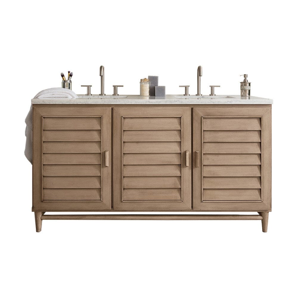 James Martin Portland 60" Double Vanity Vanity James Martin Whitewashed Walnut w/ 3 CM Arctic Fall Solid Surface Top 