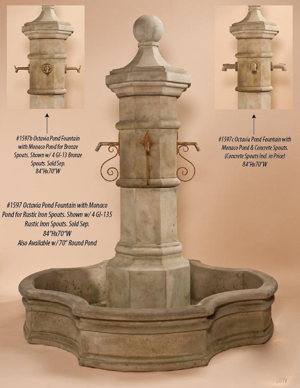 Octavia Pond Outdoor Cast Stone Garden Fountain W/ 70" Monaco Pond For Spouts Fountain Tuscan 