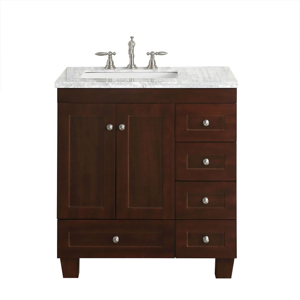 Eviva Acclaim C. 30″ Transitional Teak Bathroom Vanity with white carrera marble counter-top Vanity Eviva 