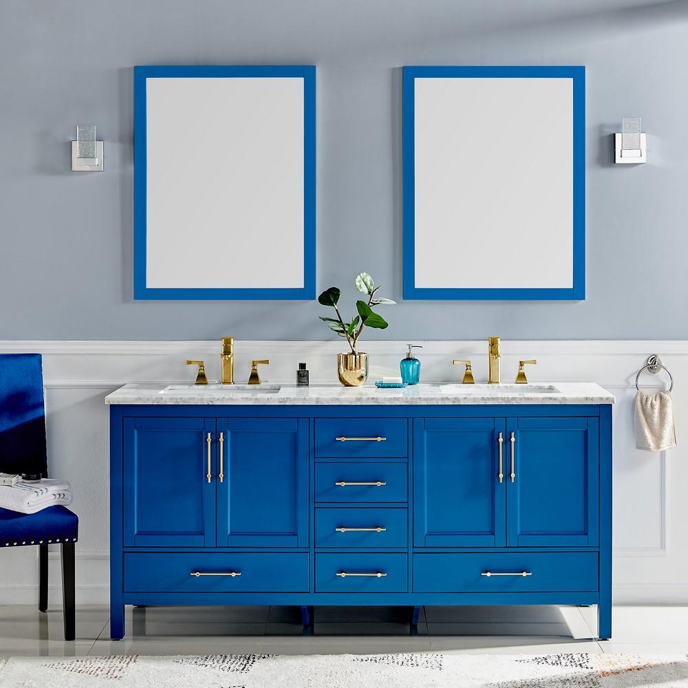 Eviva Navy 72″ Deep Blue Transitional Double Sink Bathroom Vanity w/ White Carrara Top Vanity Eviva 