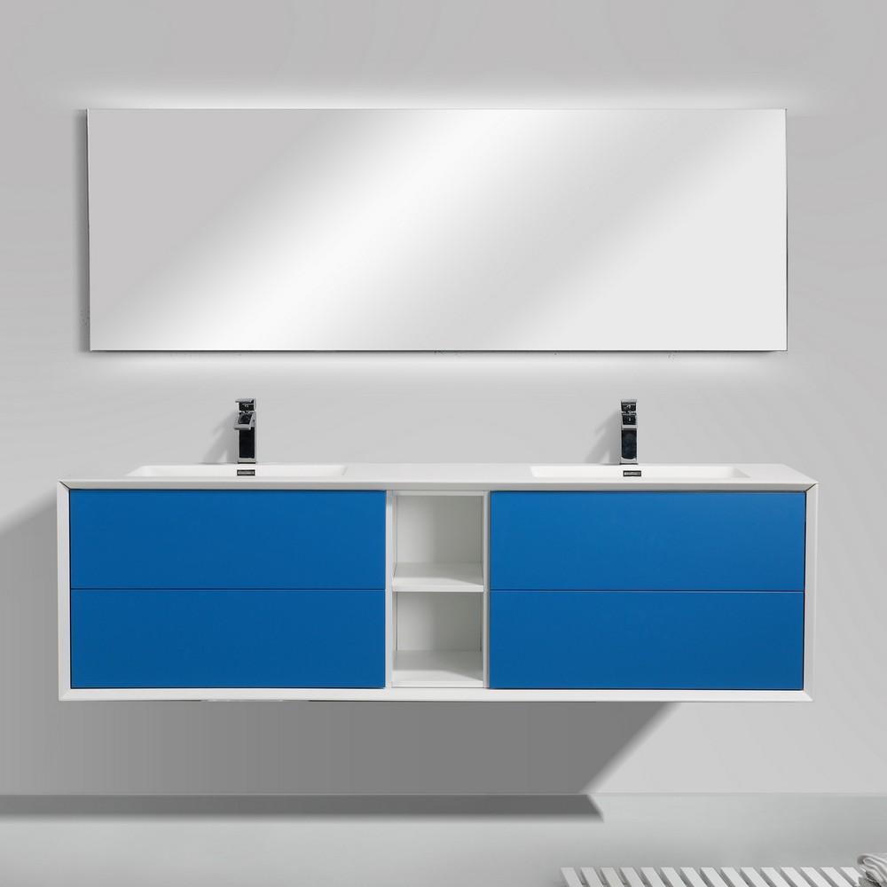 Eviva Vienna 75″ White Frame Wall Mount Double Sink Bathroom Vanity w/ White Integrated Top Vanity Eviva Blue 