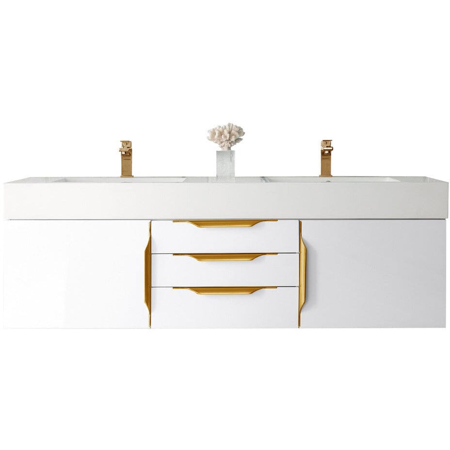 James Martin Mercer Island 59" Double Vanity Vanity James Martin Glossy White - Radiant Gold w/ Glossy White Composite Top 