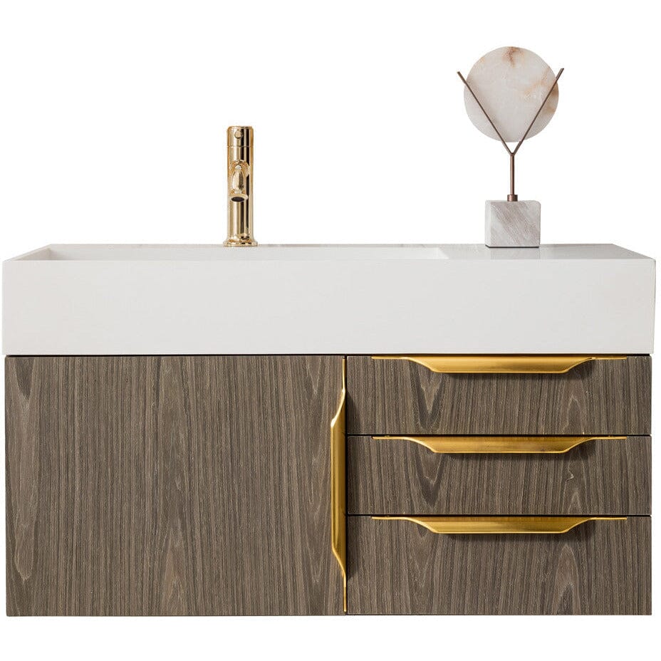 James Martin Mercer Island 36" Single Vanity Vanity James Martin Ash Gray - Radiant Gold w/ Glossy White Composite Top 
