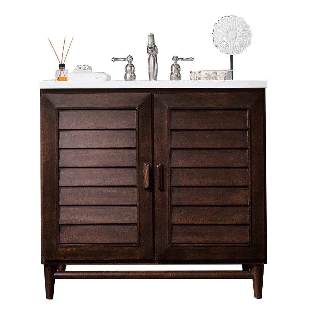 James Martin Portland 36" Single Vanity Vanity James Martin Burnished Mahogany w/ 3 CM Arctic Fall Solid Surface Top 