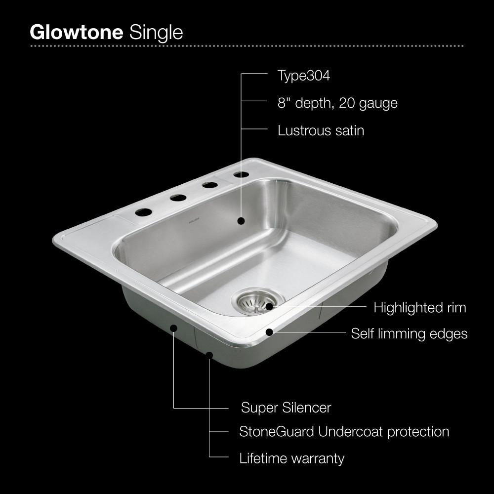 Houzer Glowtone Series Topmount Stainless Steel Bowl Kitchen Sink, 8-Inch Deep Kitchen Sink - Topmount Houzer 
