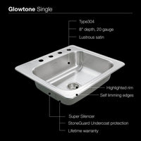 Thumbnail for Houzer Glowtone Series Topmount Stainless Steel Bowl Kitchen Sink, 8-Inch Deep Kitchen Sink - Topmount Houzer 