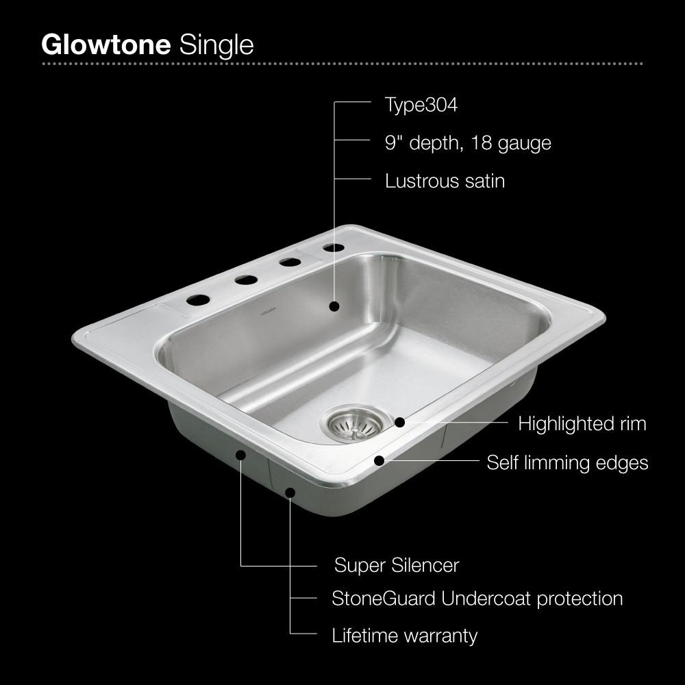 Houzer 2522-9BS4-1 Glowtone Series Topmount Stainless Steel 9-Inch Deep Kitchen Sink - Topmount Houzer 