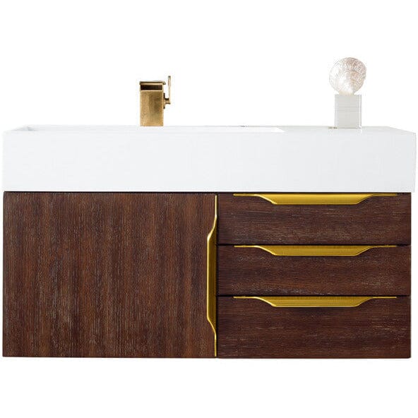 James Martin Mercer Island 36" Single Vanity Vanity James Martin Coffee Oak - Radiant Gold w/ Glossy White Composite Top 