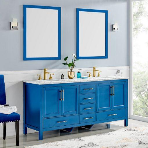 Eviva Navy 72″ Deep Blue Transitional Double Sink Bathroom Vanity w/ White Carrara Top Vanity Eviva 