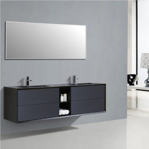Eviva Vienna 75″ Gray w/ Black Frame Wall Mount Double Sink Bathroom Vanity w/ Black Integrated Top Vanity Eviva 