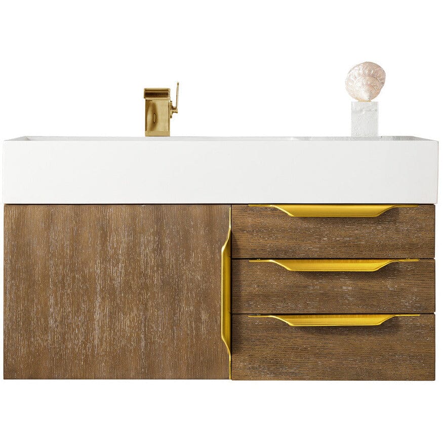James Martin Mercer Island 36" Single Vanity Vanity James Martin Latte Oak - Radiant Gold w/ Glossy White Composite Top 