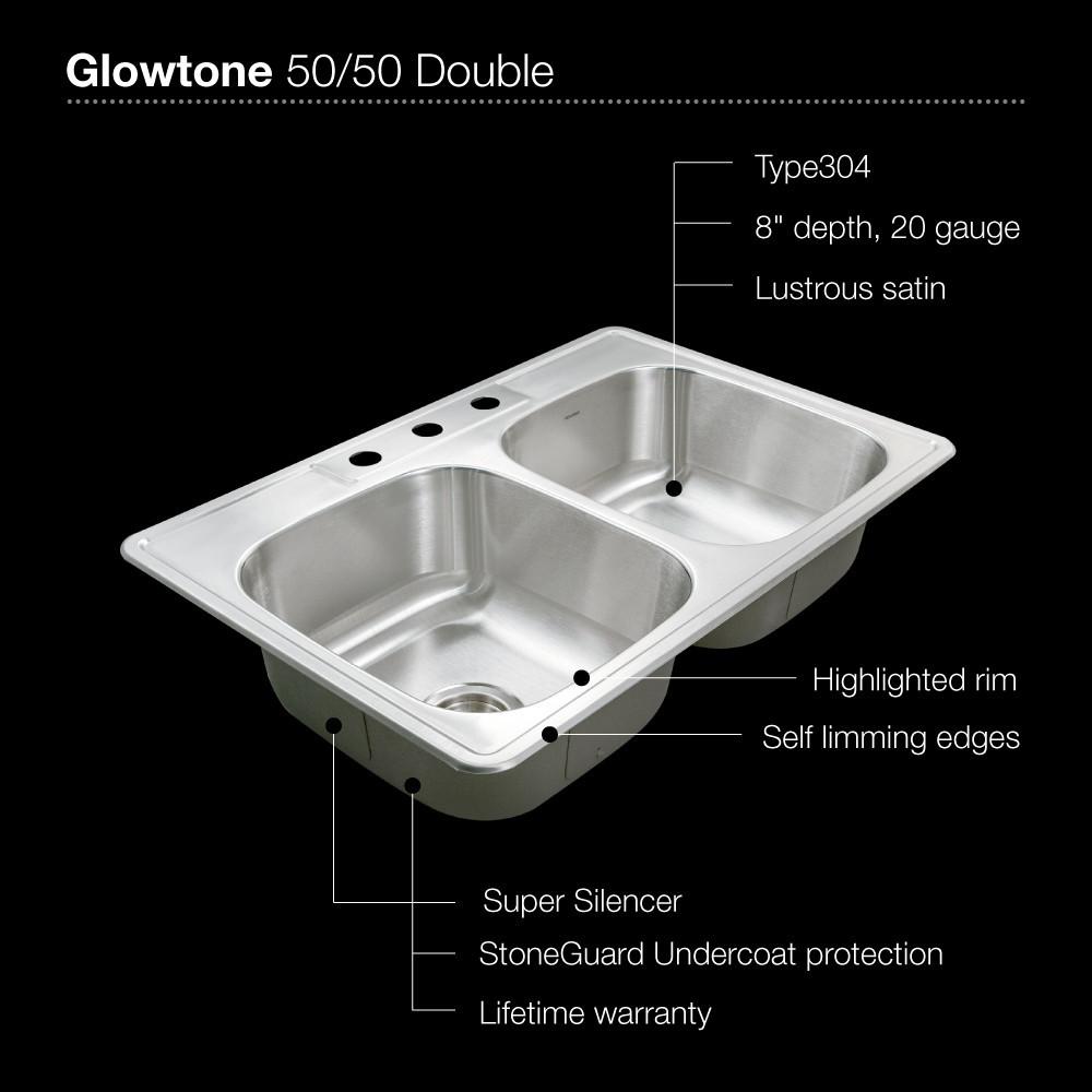 Houzer Glowtone Topmount Stainless Steel 3-hole 50/50 Double 8-Inch Deep Kitchen Sink - Topmount Houzer 