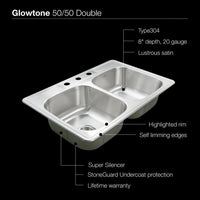 Thumbnail for Houzer Glowtone Topmount Stainless Steel 3-hole 50/50 Double 8-Inch Deep Kitchen Sink - Topmount Houzer 