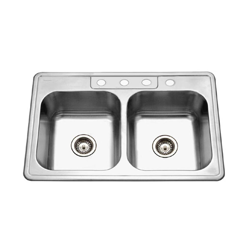 Houzer Glowtone Series Topmount Stainless Steel 4-hole 50/50 Double Bowl Kitchen Sink, 8-Inch Deep Kitchen Sink - Topmount Houzer 