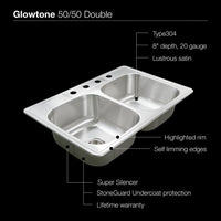 Thumbnail for Houzer Glowtone Series Topmount Stainless Steel 4-hole 50/50 Double Bowl Kitchen Sink, 8-Inch Deep Kitchen Sink - Topmount Houzer 