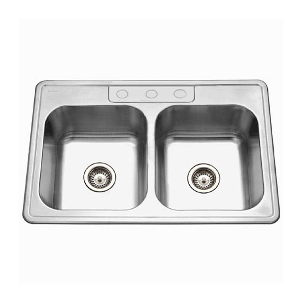 Houzer Glowtone Topmount Stainless Steel 3-hole 50/50 Double Bowl Kitchen Sink, 9-Inch Deep Kitchen Sink - Topmount Houzer 