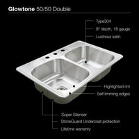 Thumbnail for Houzer Glowtone Topmount Stainless Steel 3-hole 50/50 Double Bowl Kitchen Sink, 9-Inch Deep Kitchen Sink - Topmount Houzer 