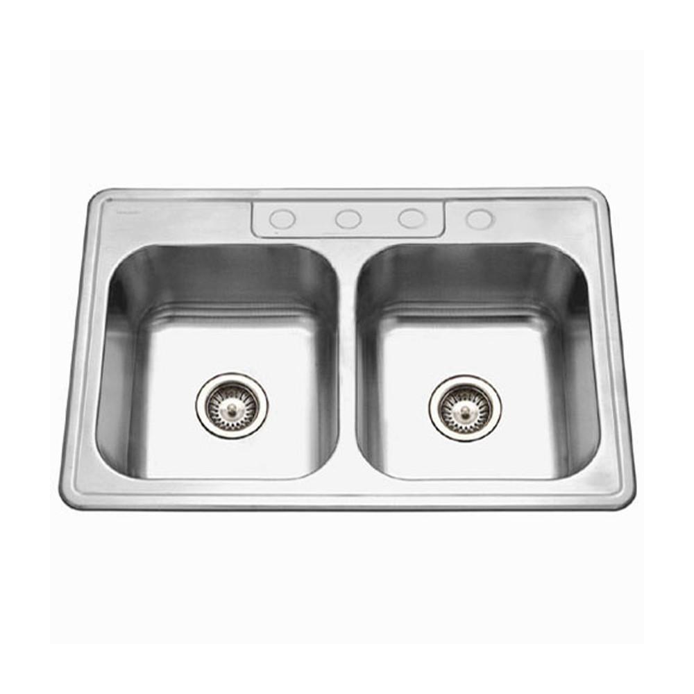 Houzer Glowtone Series Topmount Stainless Steel 4-hole 50/50 Double Bowl Kitchen Sink, 9-Inch Deep Kitchen Sink - Topmount Houzer 