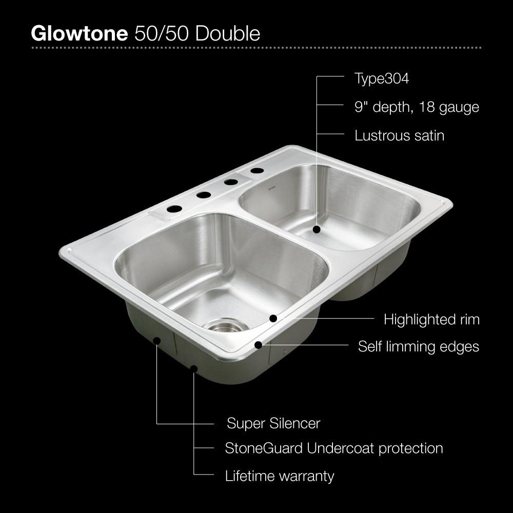 Houzer Glowtone Series Topmount Stainless Steel 4-hole 50/50 Double Bowl Kitchen Sink, 9-Inch Deep Kitchen Sink - Topmount Houzer 
