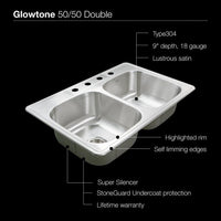 Thumbnail for Houzer Glowtone Series Topmount Stainless Steel 4-hole 50/50 Double Bowl Kitchen Sink, 9-Inch Deep Kitchen Sink - Topmount Houzer 