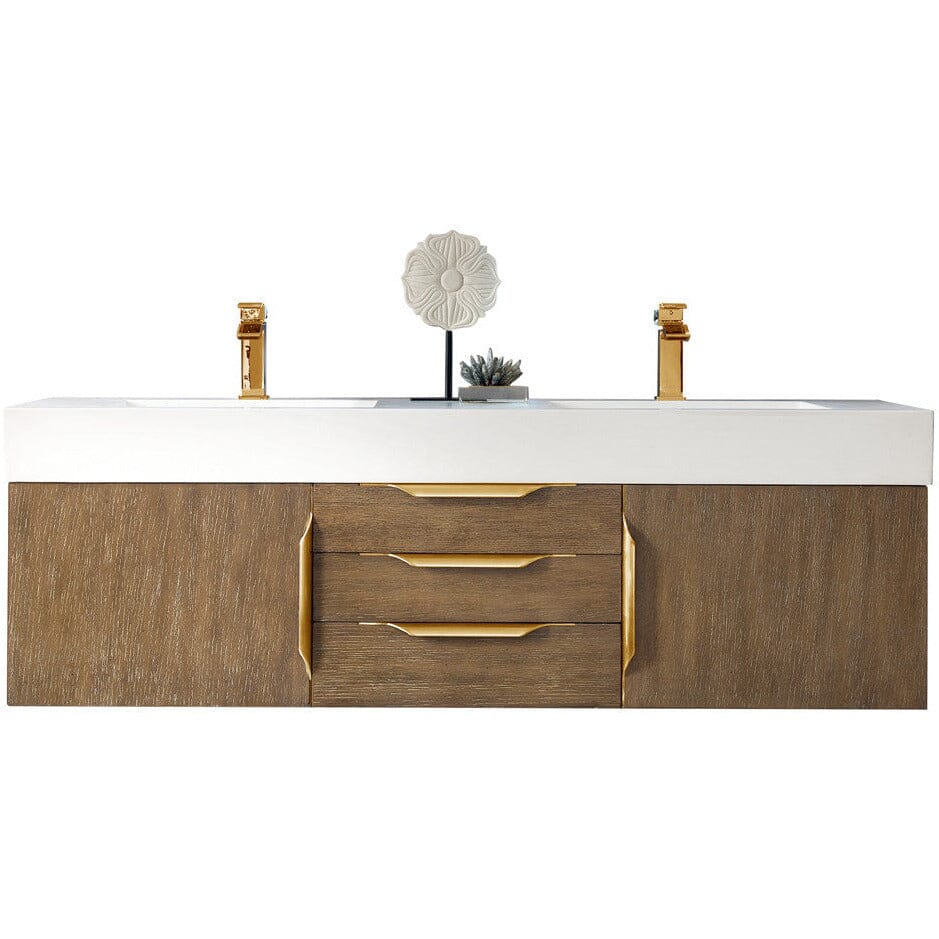James Martin Mercer Island 59" Double Vanity Vanity James Martin Latte Oak - Radiant Gold w/ Glossy White Composite Top 