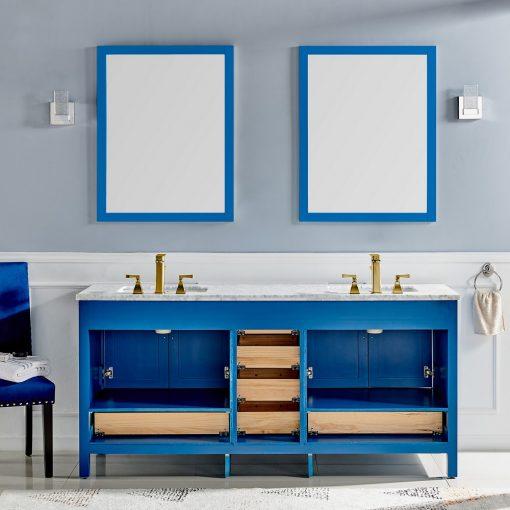 Eviva Navy 72″ Deep Blue Transitional Double Sink Bathroom Vanity w/ White Carrara Top Vanity Eviva 