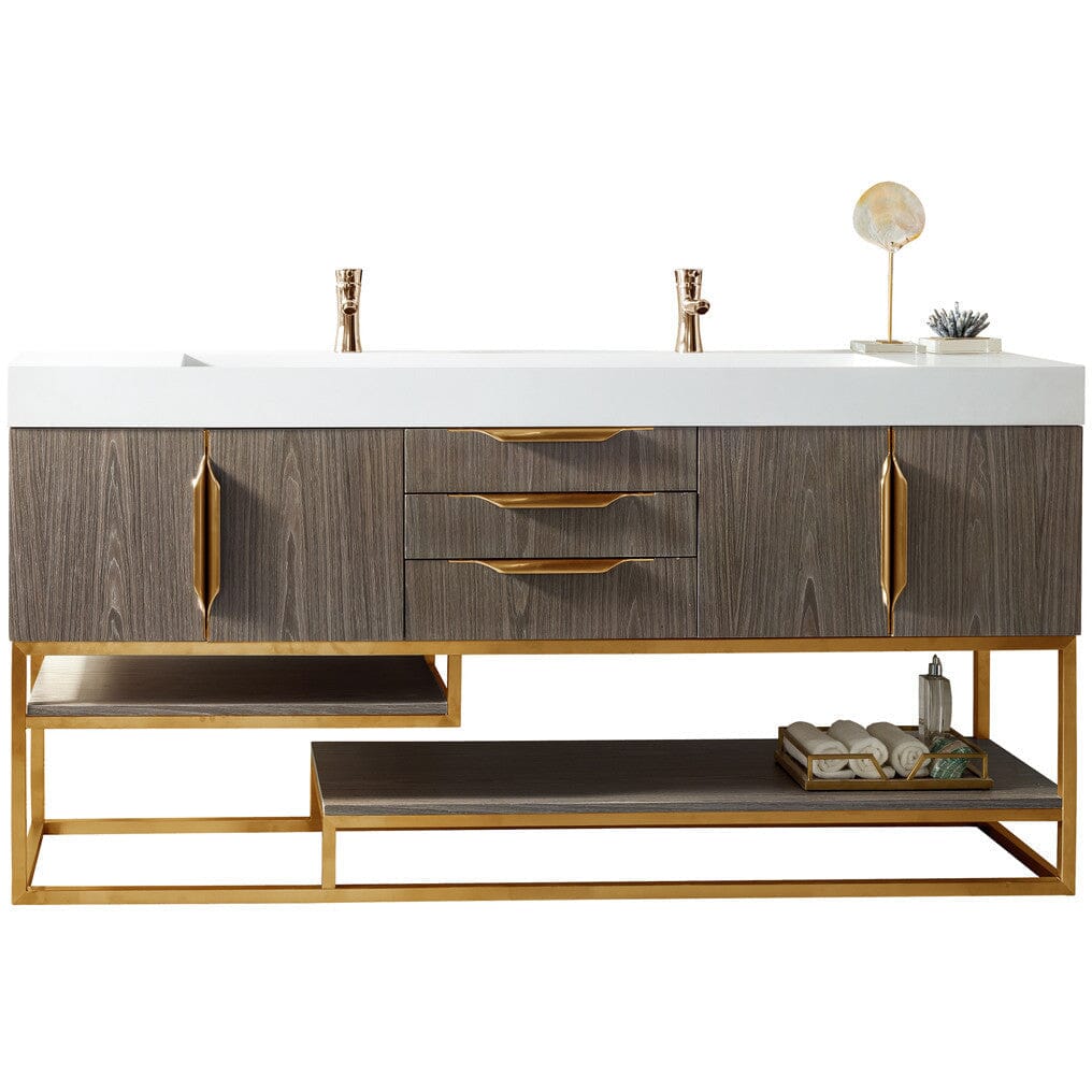 James Martin Columbia 72" Double Vanity Vanity James Martin Ash Gray - Radiant Gold w/ White Glossy Composite Countertop 