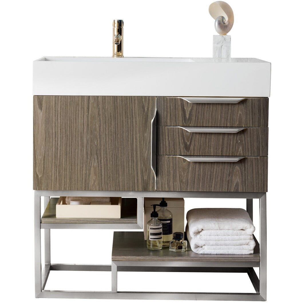 James Martin Columbia 36" Single Vanity Vanity James Martin Ash Gray w/ White Glossy Composite Countertop 