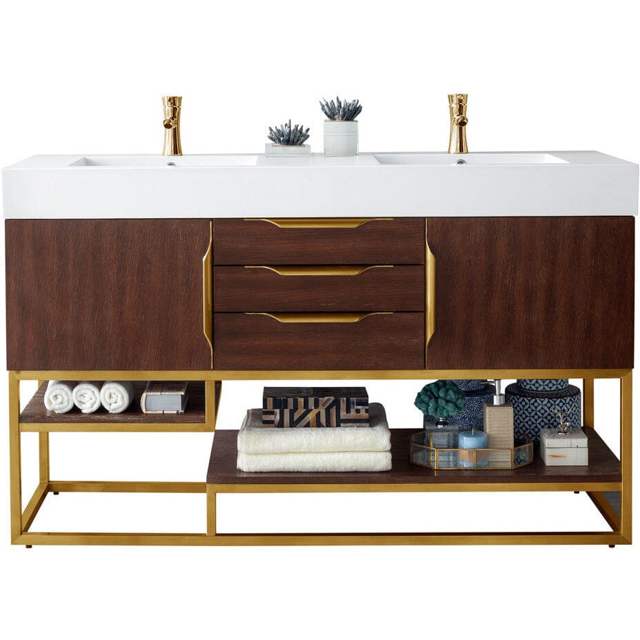 James Martin Columbia 59" Double Vanity Vanity James Martin Coffee Oak - Radiant Gold w/ White Glossy Composite Countertop 