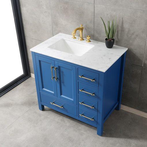Eviva Navy 36″ Deep Blue Transitional Bathroom Vanity w/ White Carrara Top Vanity Eviva 