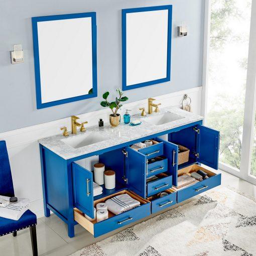 Eviva Navy 72″ Deep Blue Transitional Double Sink Bathroom Vanity w/ White Carrara Top Vanity Eviva 