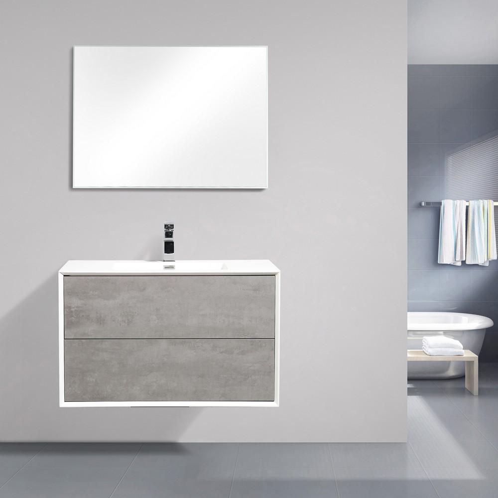 Eviva Vienna 36″ White Frame Wall Mount Bathroom Vanity w/ White Integrated Top Vanity Eviva Cement Gray 