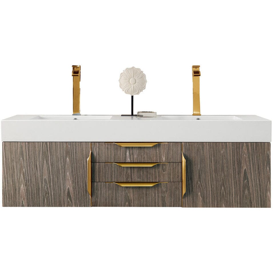 James Martin Mercer Island 59" Double Vanity Vanity James Martin Ash Gray - Radiant Gold w/ Glossy White Composite Top 