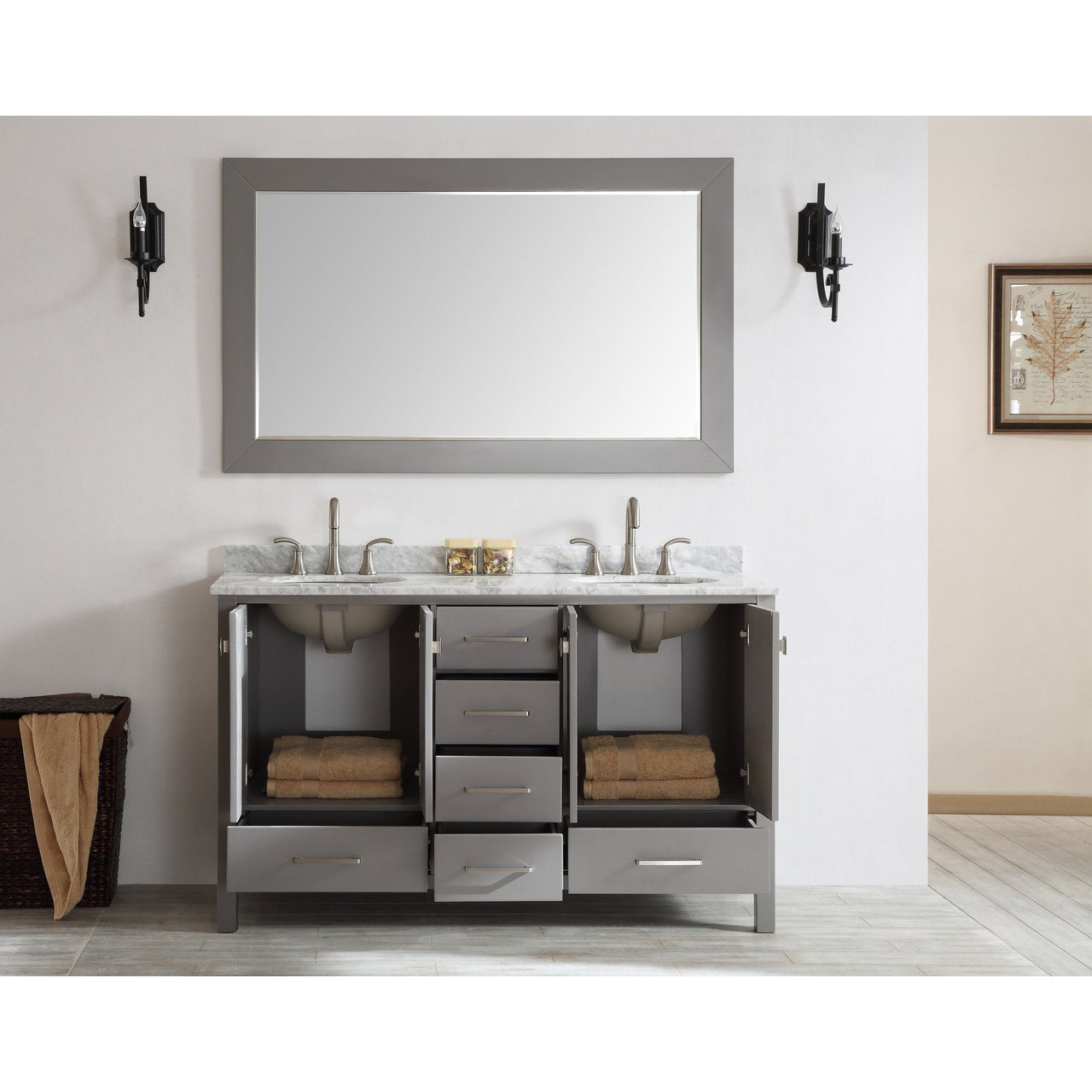 Eviva Aberdeen 60" Transitional Grey Vanity with White Carrera Countertop & Double Square Sinks Vanity Eviva 