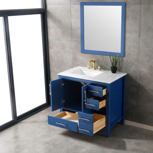 Eviva Navy 36″ Deep Blue Transitional Bathroom Vanity w/ White Carrara Top Vanity Eviva 