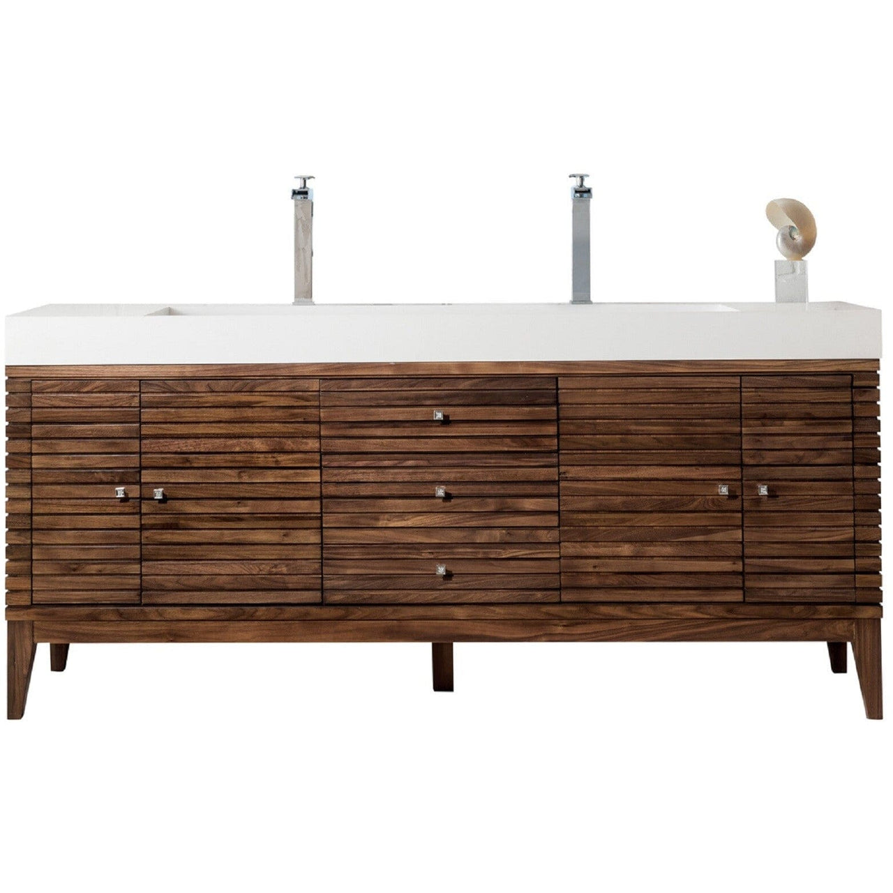 James Martin Linear 72" Double Vanity Vanity James Martin Mid Century Walnut w/ Glossy White Composite Top 