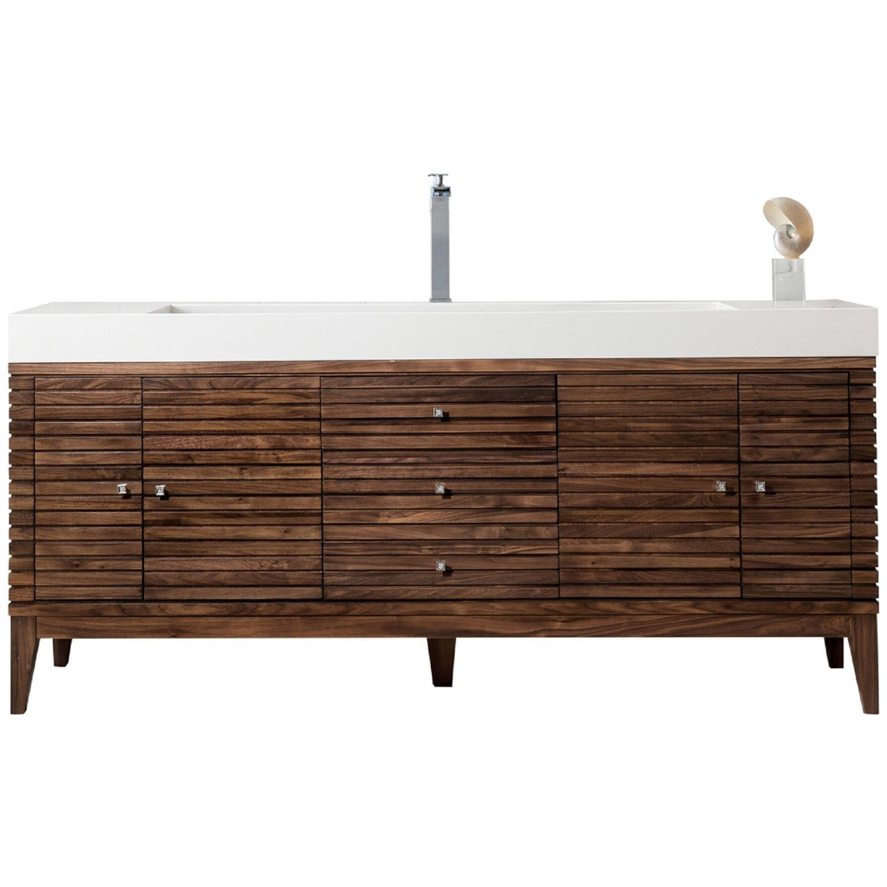 James Martin Linear 72" Single Vanity Vanity James Martin Mid Century Walnut w/ Glossy White Composite Top 
