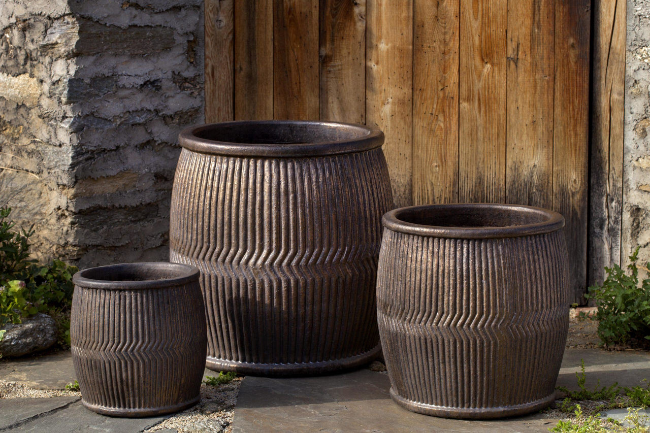 Campania International Glazed Pottery Rain Barrel Planter - (S/3) Urn/Planter Campania International Bronze 