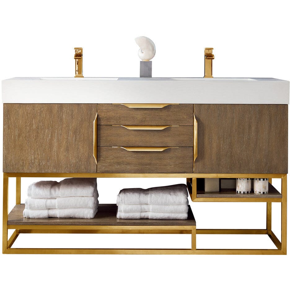 James Martin Columbia 59" Double Vanity Vanity James Martin Latte Oak - Radiant Gold w/ White Glossy Composite Countertop 