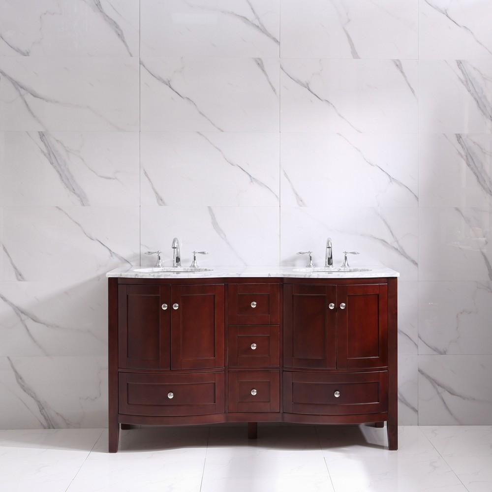 Eviva Stanton 60″ Transitional Double Sink Bathroom Vanity w/ White Carrara Top Bathroom Vanity Eviva Teak 