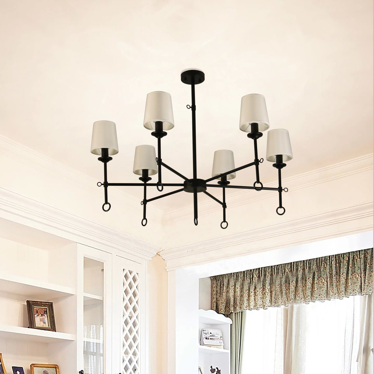 Angya 6-Shade Chandelier Light | Bamboo Lampshades and Matte Black Steel Supports | Fixed 19” Center Rod | Dining Room, Foyer, Entryway Décor Chandeliers Canyon Home 