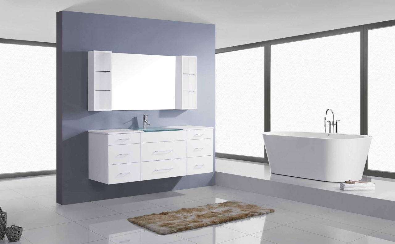 Virtu USA Columbo 59" Single Round Sink White Top Vanity in White with Brushed Nickel Faucet and Mirror Vanity Virtu USA 