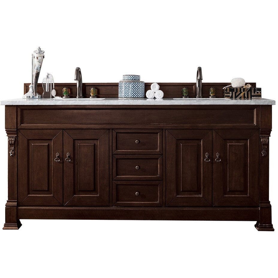 James Martin Brookfield 72" Double Vanity Vanities James Martin Burnished Mahogany w/ 3 CM Arctic Fall Solid Surface Top 