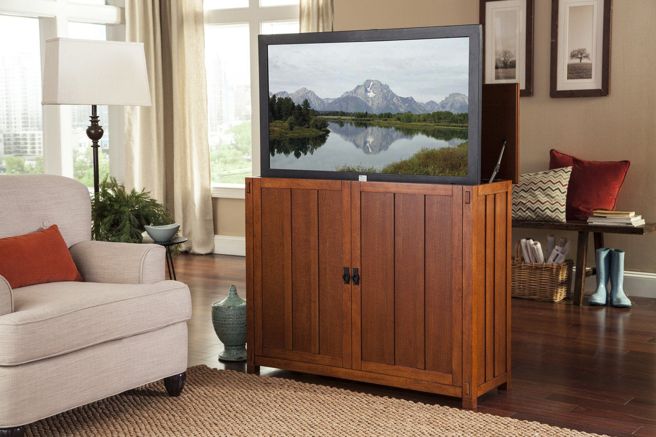 Touchstone Elevate - Mission Oak Lift Cabinets For Up To 42” Flat Screen Tv’S Tv Lift Cabinets Touchstone 