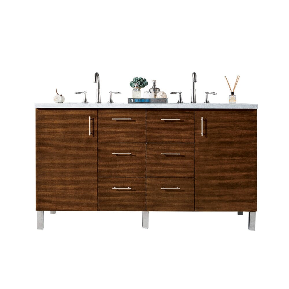 James Martin Metropolitan 60" Double Vanity Vanity James Martin American Walnut w/ 3 CM Arctic Fall Solid Surface Top 