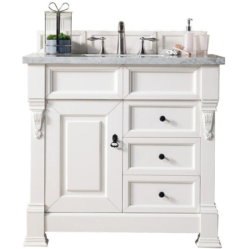James Martin Brookfield 36" Single Vanity Vanities James Martin Bright White w/ 3 CM Carrara Marble Top 