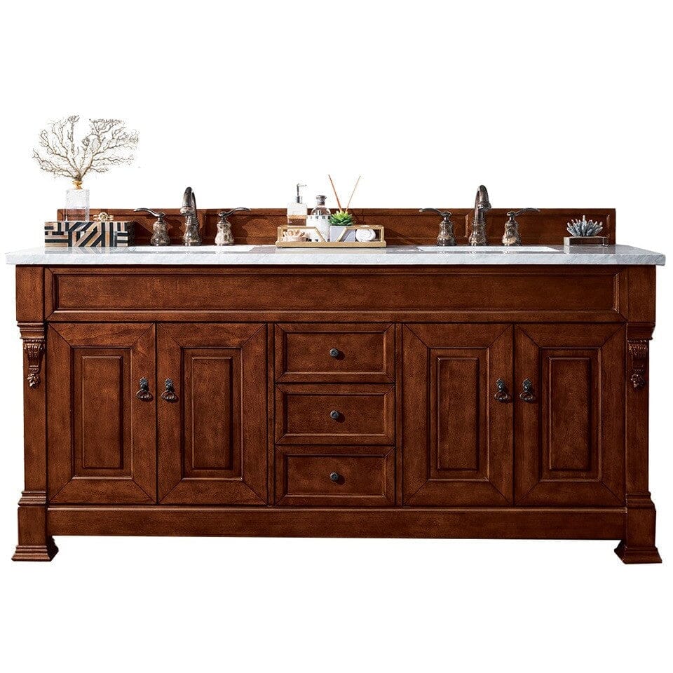 James Martin Brookfield 72" Double Vanity Vanities James Martin Warm Cherry w/ 3 CM Arctic Fall Solid Surface Top 