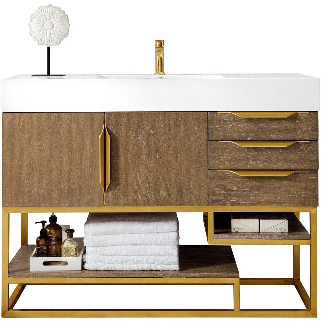James Martin Columbia 48" Single Vanity Vanity James Martin Latte Oak - Radiant Gold w/ White Glossy Composite Countertop 