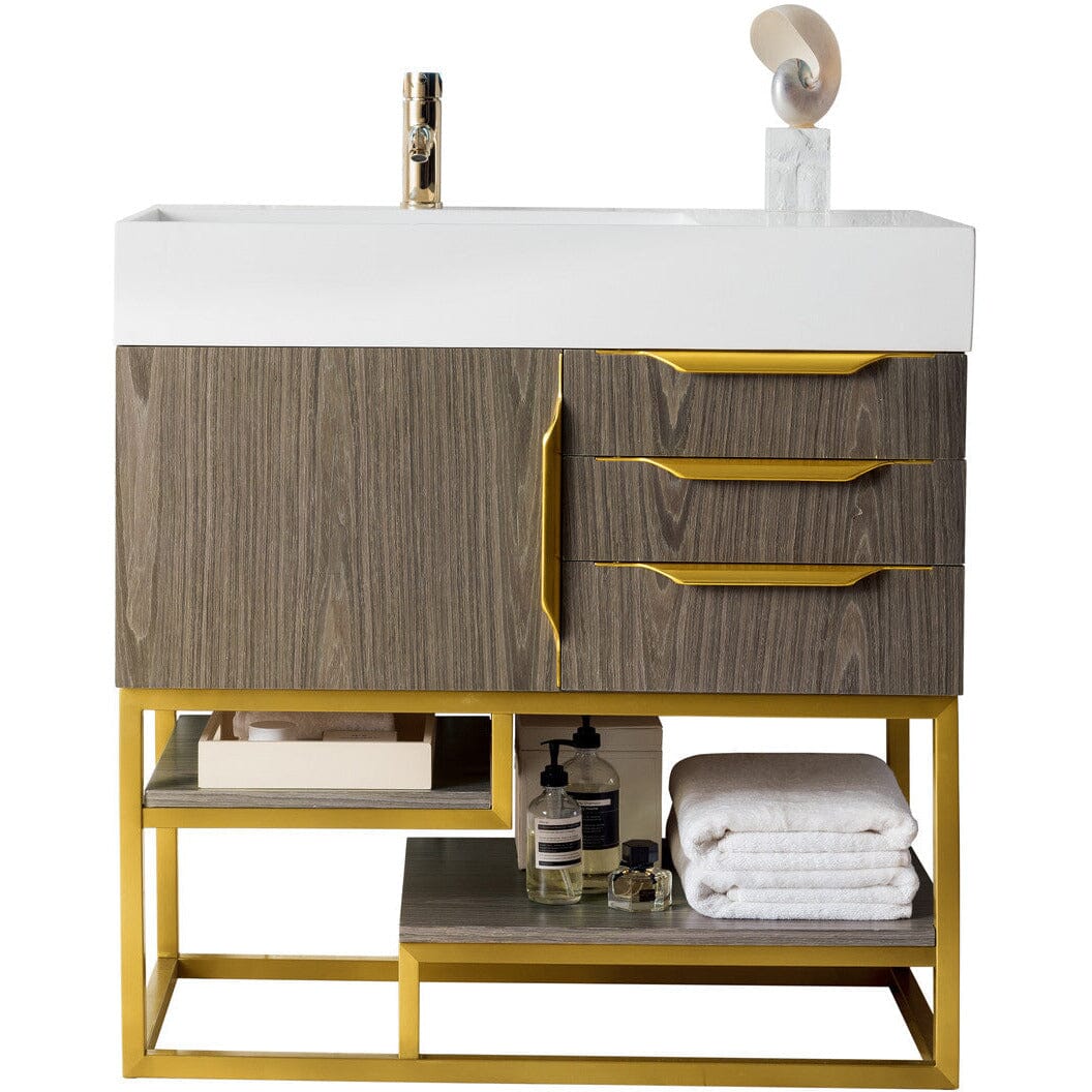 James Martin Columbia 36" Single Vanity Vanity James Martin Ash Gray - Radiant Gold w/ White Glossy Composite Countertop 