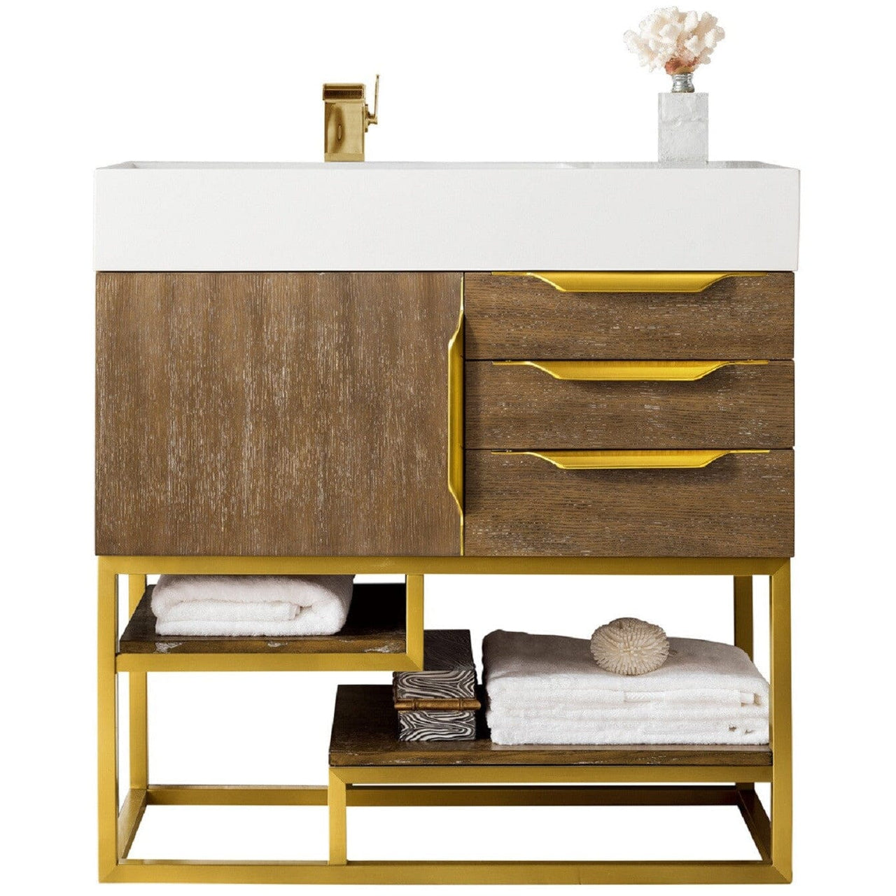 James Martin Columbia 36" Single Vanity Vanity James Martin Latte Oak - Radiant Gold w/ White Glossy Composite Countertop 